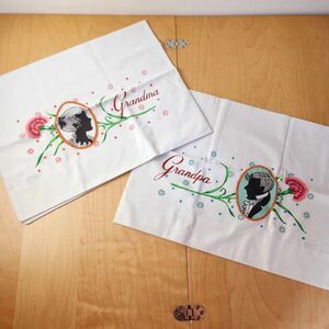 Pair of Vtg Handmade Grandma & Grandpa Floral Liquid Embroidery Pillowcases